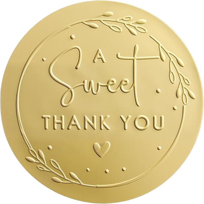 100 x A Sweet Thank You Stickers – Embossed Gold Matte Labels – Round Wedding Favor Stickers for Dessert, Candy & Snack Bags – Elegant Party Favor Seals, 1.6 Inch