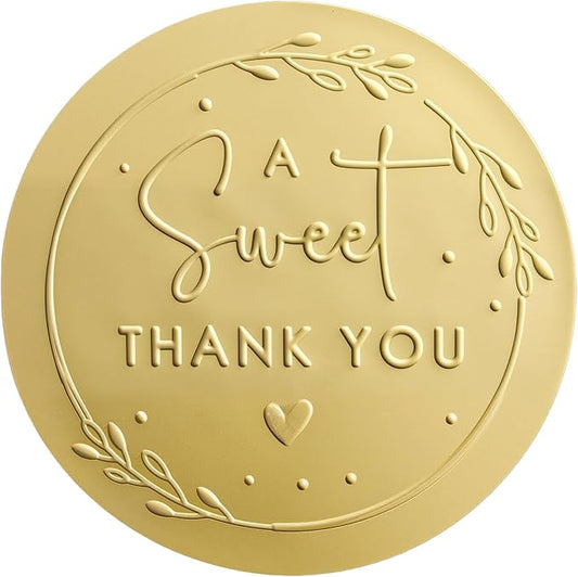 100 x A Sweet Thank You Stickers – Embossed Gold Matte Labels – Round Wedding Favor Stickers for Dessert, Candy & Snack Bags – Elegant Party Favor Seals, 1.6 Inch