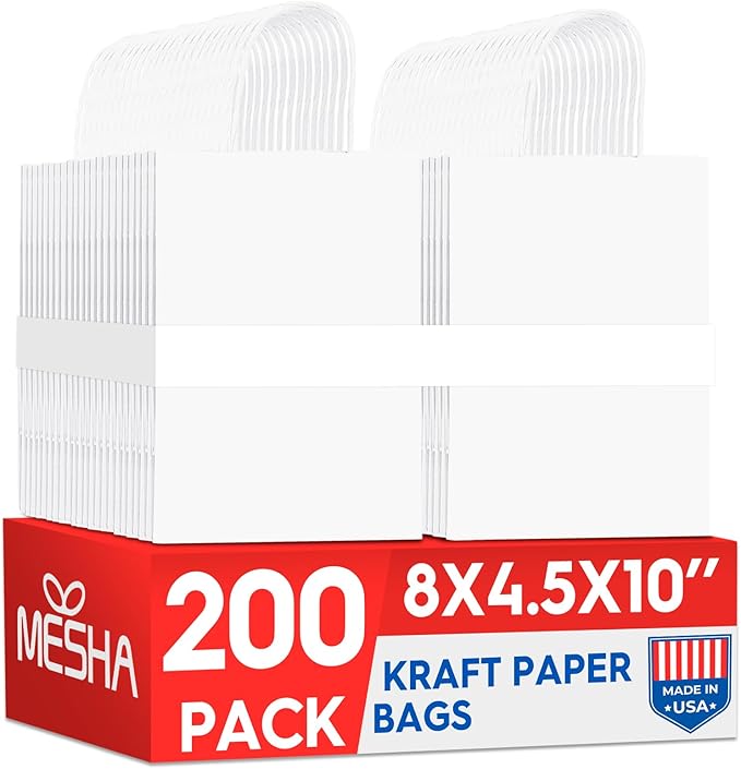 MESHA Gift Paper Bags 200 PACK 8x4.25x10.5'' White Medium Shopping Kraft Bags Bulk with Handles Reusable for Business Grocery Birthday Wedding Kids Party Favors(Made in USA)
