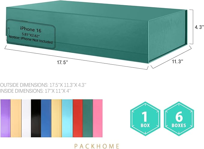 PACKHOME Extra Large Christmas Gift Box 17.5x11.3x4.3 Inches, Sturdy Shirt Box with Magnetic Lid for Clothes and Large Xmas Gifts (Glossy Dark Green)