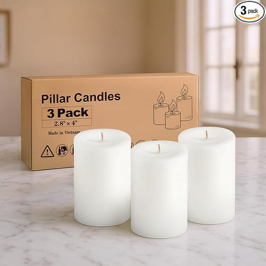 White Pillar Candles, Set of 3 Wax,56 Hours Long Burning,Unscented and Dripless Pillar Candles Bulk,Large Candles (3x4 inch) for Christmas Lights,Wedding,Parties, Spas,Home Decorative