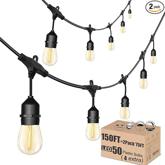 Outdoor String Lights for Outside LED 150 FT Shatterproof Patio Lights with 50 Waterproof Bulbs for Outdoor Backyard Bistro Gazebo Lights, 2-Pack
