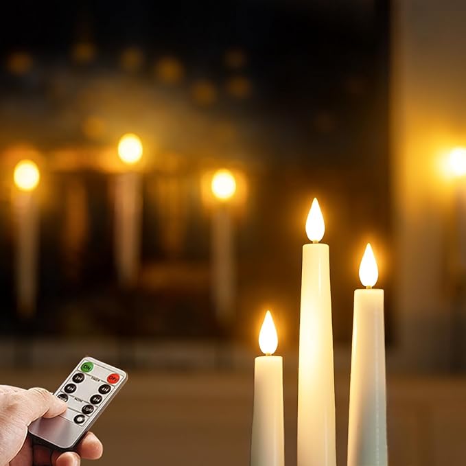Homemory 12 Pcs Waxy Flameless Taper Candles with Remote, Led Flameless Candlesticks Classic Tall Candle, Flickering Battery Operated Taper Candles for Bedroom, Dining Room, White, 9.6 inches