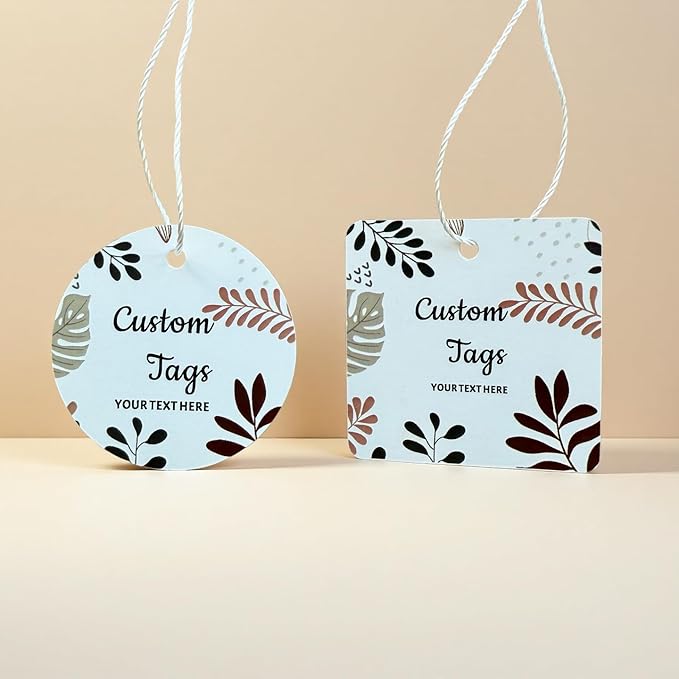 Personalized Gift Tags, Square Round Paper Thank You Tag for Wedding Baptism Birthday Favors, Custom Hang Tags with Your Text and String (Design1)