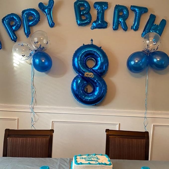 Blue Foil Balloon Number 8, 40'' Giant Self Inflating Number Balloons Set 0-9, Large Number 8 Digital 8 Helium Balloon for Boys Men 8th 18th Birthday Graduation Anniversary Party Decorations Supplies