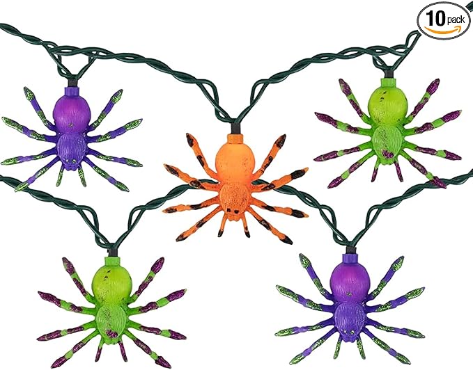 Halloween Spider String Lights, 8.5Ft Multi-Color Spider LED String Lights with 10 Lifelike Spider Lights Connectable Indoor/Outdoor Halloween Decoration for Party, Bar, House, Garden, Black Wire