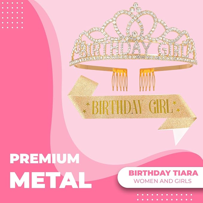 Birthday Tiara and Crown with Sash for Women, Hair Accessories for Wedding Party Costume (A1)