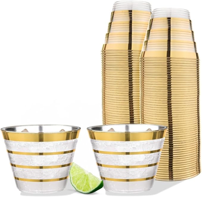 Perfect Settings 110 Gold 4 Line Clear Plastic Cups 9oz - Holiday Wedding Party Elegant Trimmed Disposable Cups, 4 Line Gold Party Cups