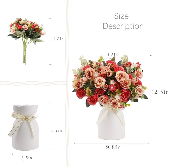LESING Artificial Silk Rose with Vase Fake Flowers Wedding Flowers Bouquets Arrangement Home Office Party Centerpiece Table Decoration (Red)