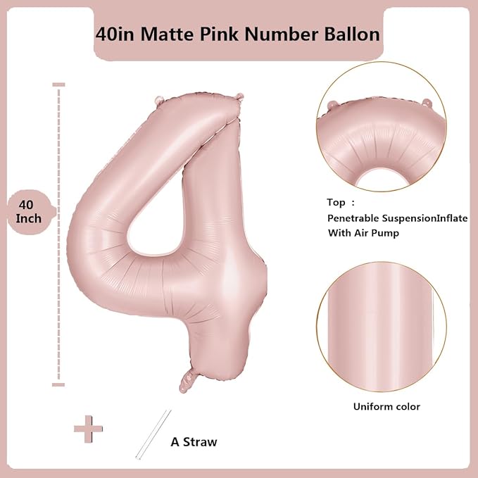 40 inch Pink Number Balloon Light Pink 4 Balloon Matte Pink Number 4 Balloon for 4th Birthday Party Decorations