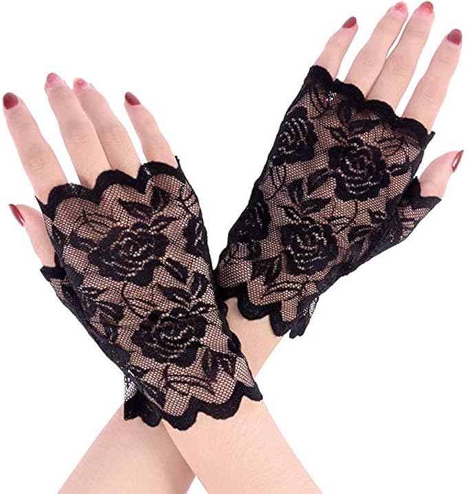 Womens Lace Headband Neon Earrings Fingerless Gloves for 80's Party Pop Diva Costume Accessories