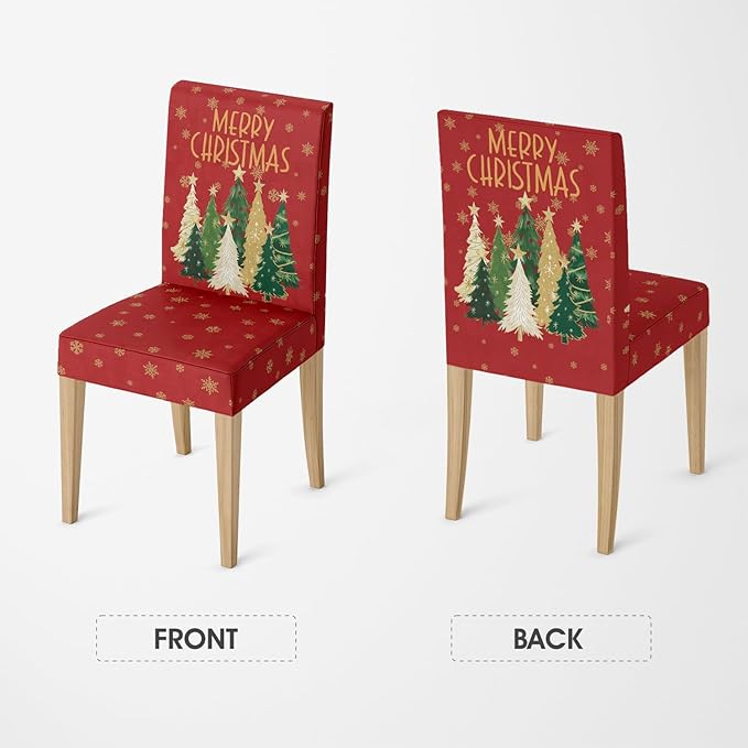 Horaldaily 6PCS Christmas Dining Red Chair Covers, Christmas Pine Tree Stars Stretch Removable Washable Slipcover Chair Protector for Dining Room Home Decor