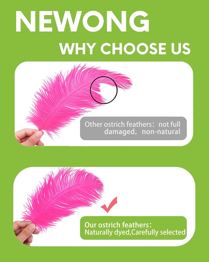 NEWONG 30pcs Hot Pink Ostrich Feathers Natural Bulk 8-10inch(20-25cm) Vase Craft Wedding Home Party Centerpieces Christmas Day Table top Decoration