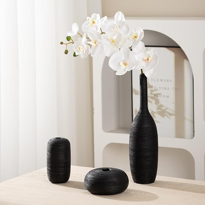 Ceramic Vase Set of 3 Flower Vases Home Decor Modern Boho Rustic Farmhouse Large Decorative Aesthetic Minimalist Matte Vases for Centerpieces Living Room Table Shelf (Black)