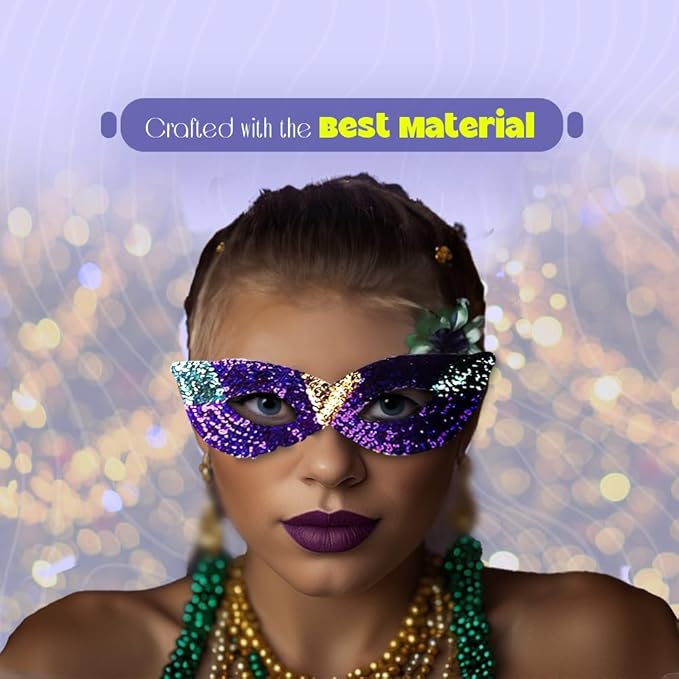 Funny Party Hats Mardi Gras Face Mask & Beads - Mardi Gras Mask Bulk - Masquerade Masks - Venetian Mask - Mardi Gras Necklaces - Mardi Gras Costumes