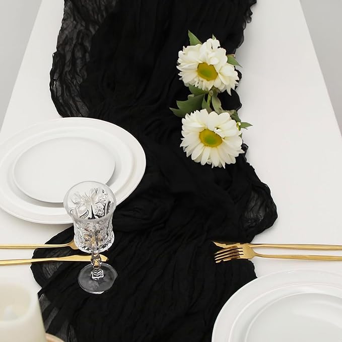 20 PCS Pack Black Cheesecloth Table Runner 10ft Boho Gauze Fabric Cheese Cloth Table Runner Comes with 20 Cloth Napkins Runner for Romantic Wedding Birthday Shower Party Table Decoration