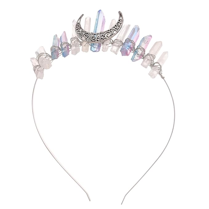 White Purple Crystal Witch Crown - Fantasy Quartz Moon Princess Headband, Gothic Fairy Queen Tiaras for Wedding Prom Quinceañera Pageant Halloween Renaissance Headwear for Women