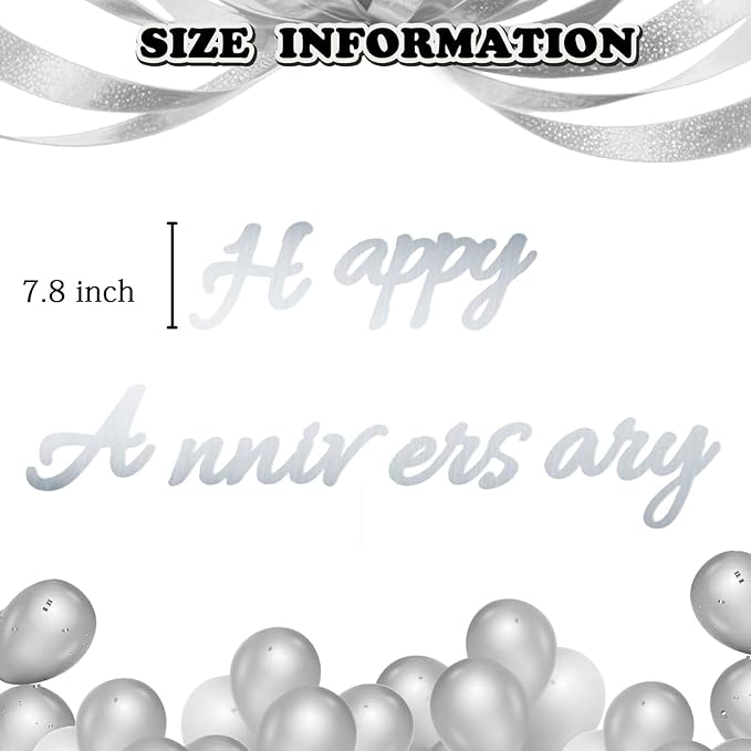 Happy Anniversary Banner Balloons Wedding Love Party and Background Indoor Outdoor Decorations (Silver)