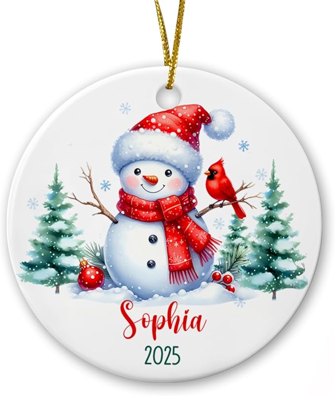 Personalized Snowman Christmas Ornament, Custom Name & Year, Snowman with Red Cardinal, Keepsakes Gifts for Family, Kids, Occasion: Christmas