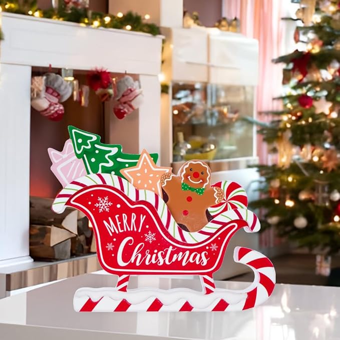 Christmas Decorations for Home Farmhouse Gingerbread Sleigh Decor Indoor Wooden Merry Christmas Sign Rustic Winter Vintage Holiday Block Tabletop for Kitchen Xmas Party Mantel Tiered Tray Gift