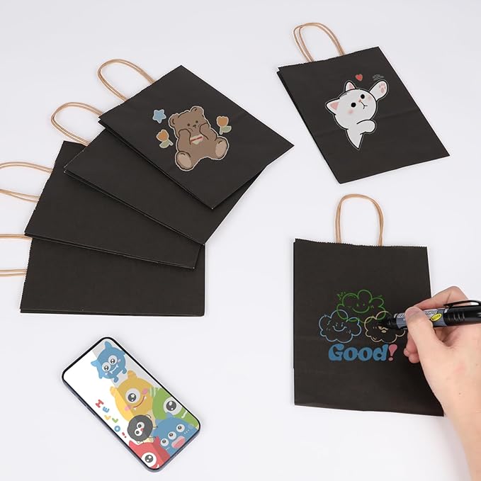 Joybe 100 Pack 6x3.25x8 Inch Small Black Paper Bags with Handles Bulk, Kraft Paper Gift Bags for Birthday Party Favors Grocery Retail Shopping Business Goody Merchandise Craft Blank Sacks (100pcs)