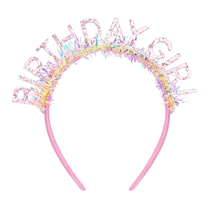 Jaciya Birthday Girl Glitter Headband for Women Girls Sparkling Pink Party Hair Accessories with Confetti Tinsel