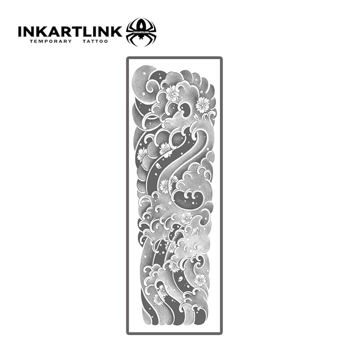 INKARTLINK Semi Permanent Tattoo, 2 Pieces Full Arm Large Size Art Party Tattoos, Comes with a Pair of Anti-Transfer Sleeves, Lasts 7-15 Days, Waterproof (Japanese Ocean Wave Tattoo)