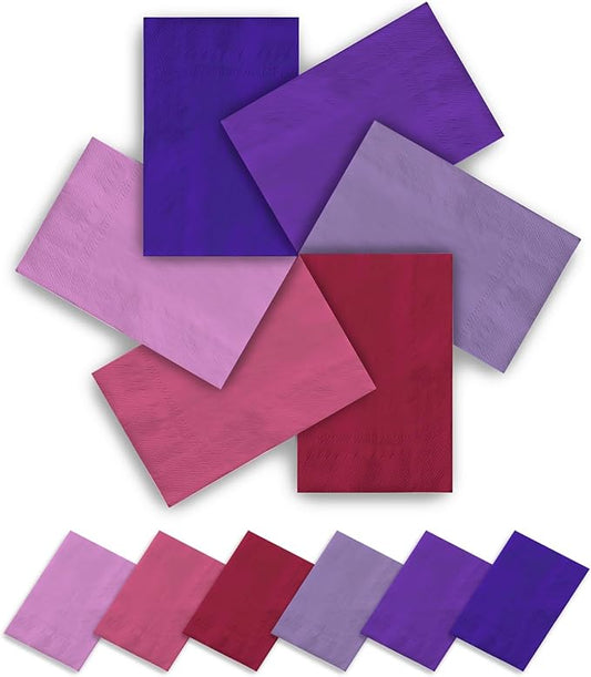 qiqee Pink Purple 6 Colors Dinner Paper Napkins Guest Disposable Hand Paper Towels for Birthday, Wedding, Party Cocktail, Lunch, Dessert, Kitchen（192 Count, 13 * 16inch）