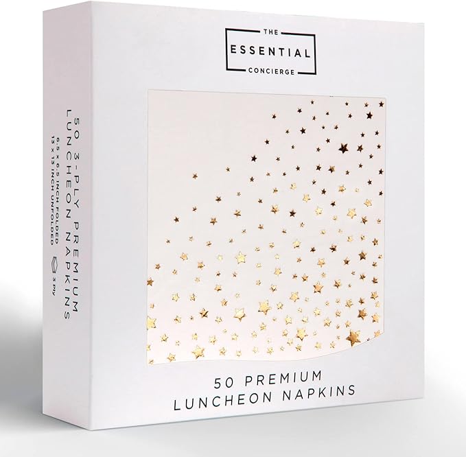 Stylish White and Gold Star Napkins - 50 Disposable Dinner Napkins, 6.5 x 6.5 Inch, Paper, Decorative for Parties