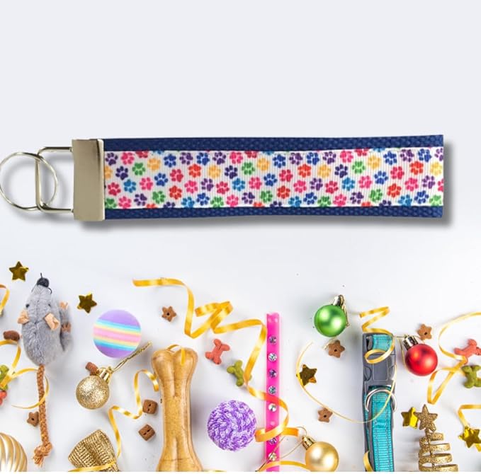 Dog Paw Print Wristlet Keychain – Colorful Fabric Hand Strap with Metal Ring for Keys, ID Cards, and Small Accessories