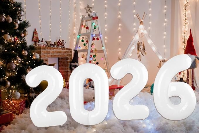2026 Balloon Numbers - 40 Inch White New Years Eve Party Supplies 2026, Nye Decor Party Decorations Happy New Year, New Years Eve Foil Party Balloons