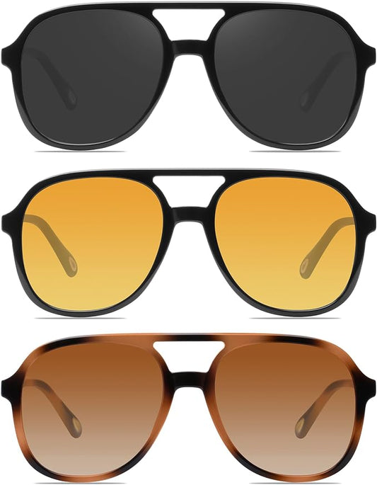 YDAOWKN Retro Square Aviator Sunglasses for Womens Mens Vintage 70s Double Bridge Sun Glasses