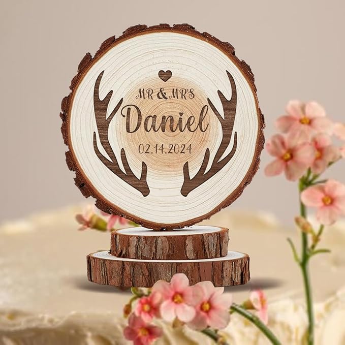 Antler Wedding Cake Topper, Personalized Rustic Country Decor for Grooms and Bride Cake Decorations, Custom Wood Mr & Mrs Boho Anniversary Keepsake, Custom Deer Lovers Couple Gifts