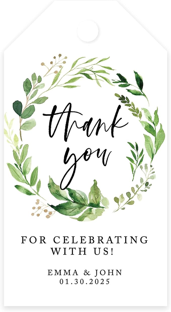 Andaz Press 100-Pack Personalized Thank You Wedding Favor Tags with Bakers Twine Greenery Wreath Custom Cardstock 2' X 3.75'