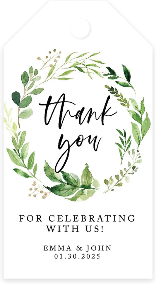 Andaz Press 100-Pack Personalized Thank You Wedding Favor Tags with Bakers Twine Greenery Wreath Custom Cardstock 2' X 3.75'