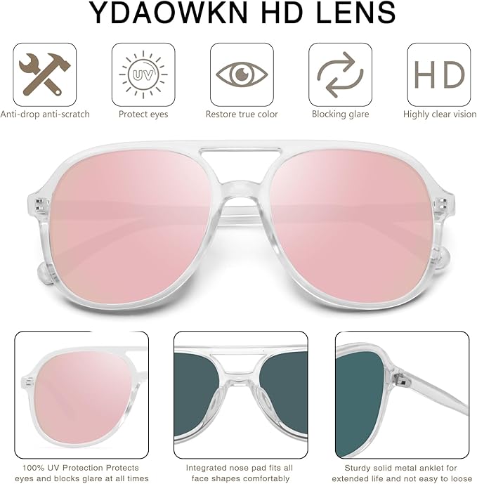 YDAOWKN Retro Square Aviator Sunglasses for Womens Mens Vintage 70s Double Bridge Sun Glasses