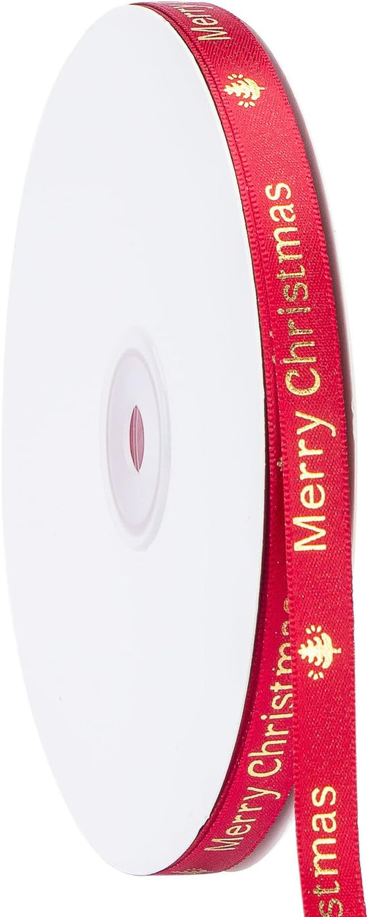 Christmas Ribbon,Red Satin Ribbon with Gold Pattern,Use for Christmas Craft,Gift Wrapping,Home Decor,3/8 Inches Total 50 Yards,Red/Green/Gold (Red, 3/8 inch*50 Yard)
