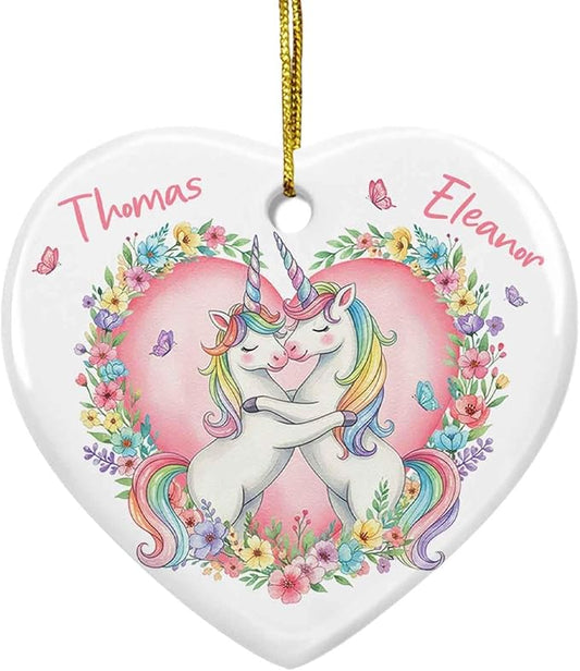 Unicorn Lovers Ornament Christmas 2025, Personalized Names Unicorn Couple Flowers Keepsake Xmas, Valentine Engaged Ornament Gifts for Men Women, Custom Couple Unicorns Together Ceramic Ornaments