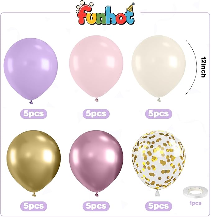 Pink and Purple Balloons,12 Inch Metallic Pink Light Purple White and Gold Baloons with Confetti Balloon for Girls Birthday Baby Shower Wedding Bridal Shower Party Decorations