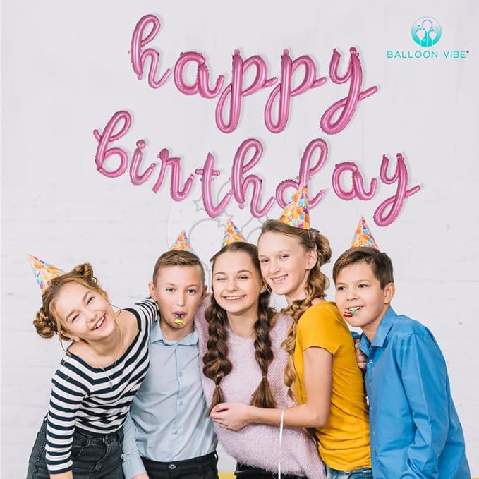 BALLOON VIBE Happy Birthday Balloon Banner - Baby Pink 16 Inch Cursive Mylar Foil Letters Happy Birthday Banner for Decor - Balloons Letters Sign with 4 Straws & Ribbon Roll