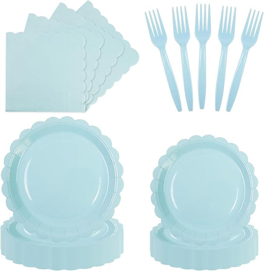 96PCS Blue Paper Plates and Napkins, 24 Guest Light Blue Disposable Tableware Set Include Scalloped Paper Plates Napkins and Forks Decoration Party Supplies for Baby Shower Wedding Birthday