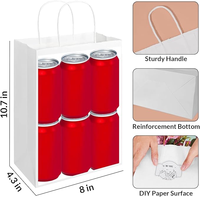 SUNEE Gift Bags with Handles 8x4.3x10.7, 100 Pcs Paper Bags Medium Size Bulk for Gift Wrapping, Retail, Party Favors and Small Business - White