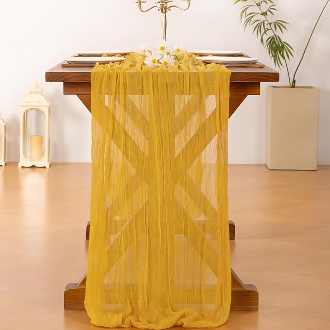 Socomi Gold Yellow Cheesecloth Table Runner Fall Thanksgiving Boho Rustic Gauze 120 inch 10FT Cheese Cloth Runner for Wedding Party Baby Shower Birthday Home Decor Holiday Decorations