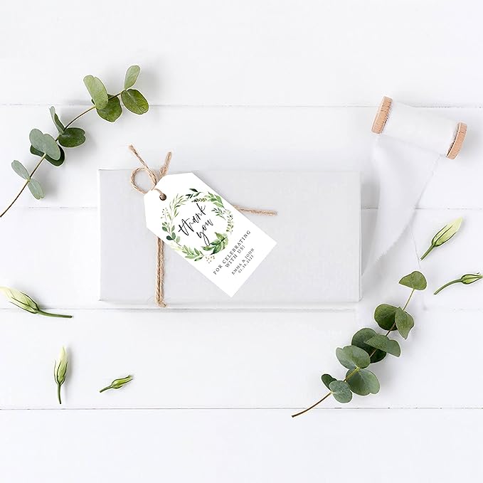 Andaz Press 100-Pack Personalized Thank You Wedding Favor Tags with Bakers Twine Greenery Wreath Custom Cardstock 2' X 3.75'