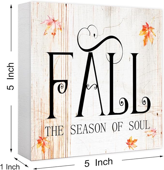 Funny Autumn Maple Leaves Wood Box Sign Fall The Season of Soul Wooden Block Desk Decor for Home Office Kitchen Cubicle Table Shelf Tabletop,Farmhouse Fall Sign Decor