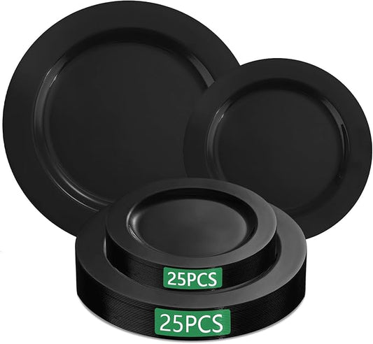 MENDENG 50PCS Black Plastic Plates for Party, 25x10.25 Dinner Plates & 25x7.5 Dessert Plates, Heavy Duty Disposable Plastic Plates for Party Halloween Picnic BBQ