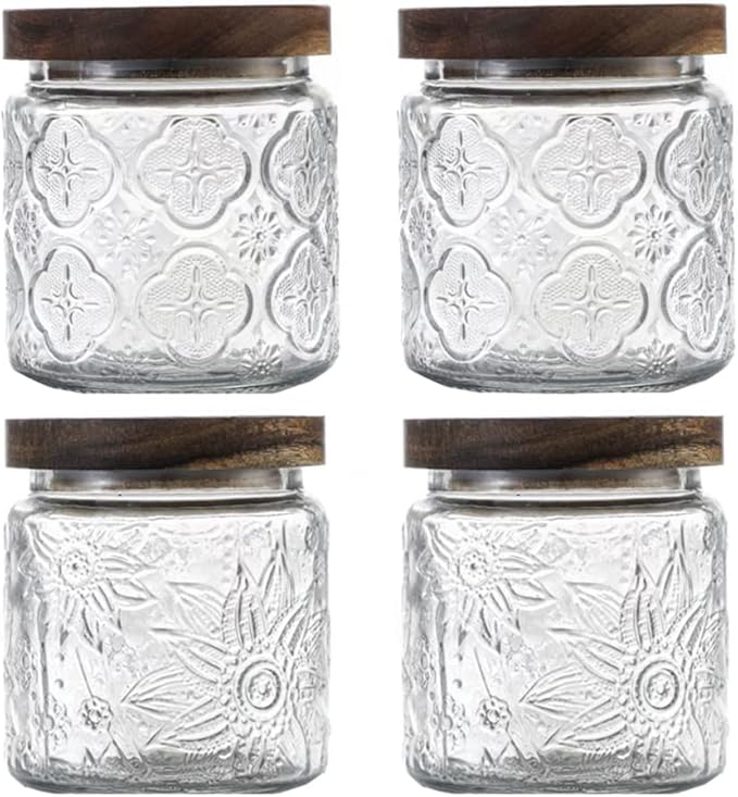 ANSQU 4 Pack Vintage Glass Storage Jar, 16.9 FL OZ Glass Canister Storage Jar Container with Airtight Wooden Lid for Kitchen Counter, Pantry, Coffee, Tea, Sugar, Cookie Jars (Begonia&Sunflower)