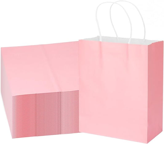 MOZRRO Gift Bags, 100 Pack 10.5x8.5x4.5 Inch, Paper Bags with Handles, Medium Size, Pink Gift Bag for Birthday, Wedding, Bulk, Party, Lunch, Goodie