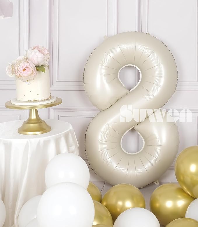 SUWEN 40 Inch Cream White Large 8 Number Balloons Big Foil Helium Number Balloons 0-9 Jumbo Happy 8th Mylar Birthday Party Decorations for Boy or Girl Anniversary Party Supplies