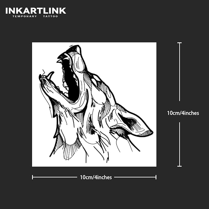 INKARTLINK Tattoo Tech, 2 Sheets Medium Semi Permanent Tattoo, Adult Art Design Temporary Tattoos, Lasts 1-2 Weeks, Waterproof, Realistic Look, No Adhesive, No Reflection (Wolf Howling Design)